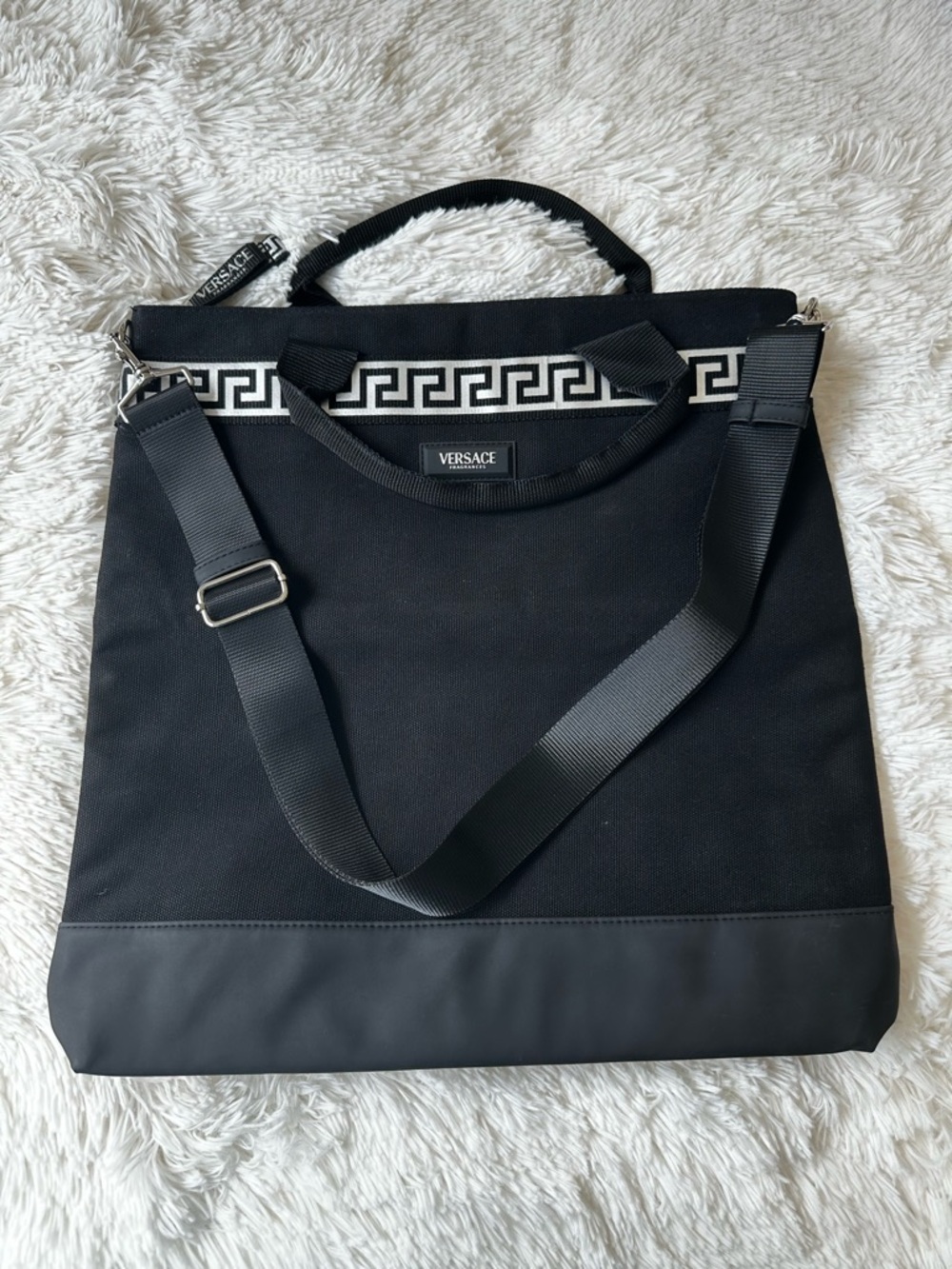 Versace Fragrances Black Canvas Tote Shoulder Bag Key Logo Travel Work NWOT